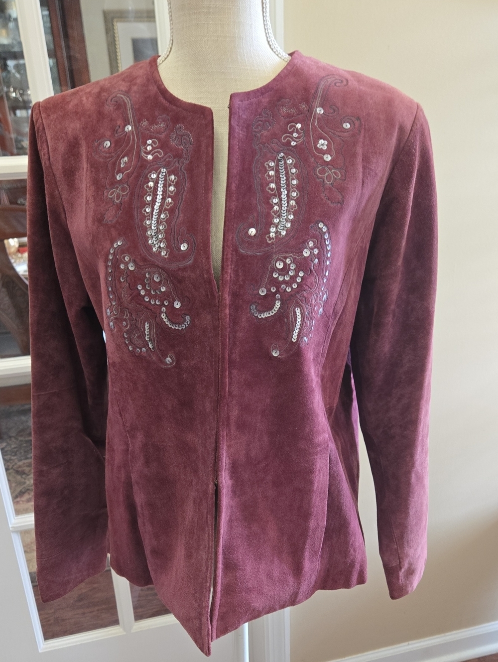 Laura Ashley Wine Suede Leather Sequined Embellished Jacket Fully Lined MED EUC